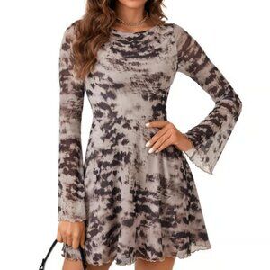 Women’s leopard print bell mesh long sleeve mini dress